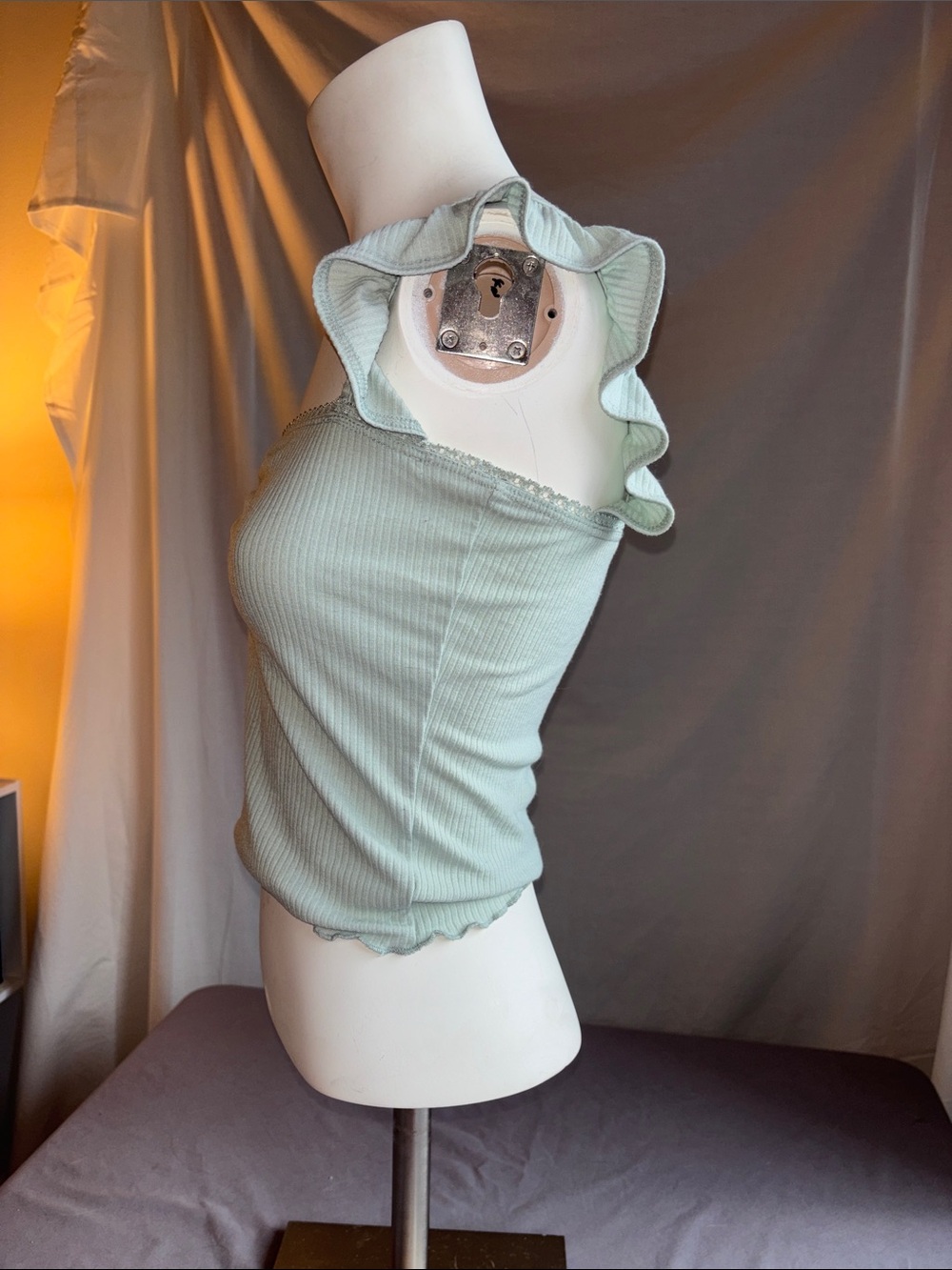Caution To The Wind Ruffled Strap Ribbed Tank Top - Light Mint - Picture 3 of 5
